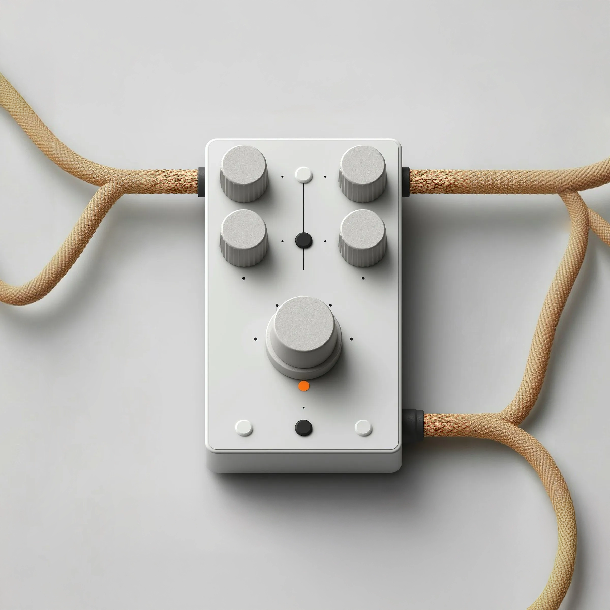 Elyon e-commerce product photography retouching example showing a white audio controller with knobs and connected cords