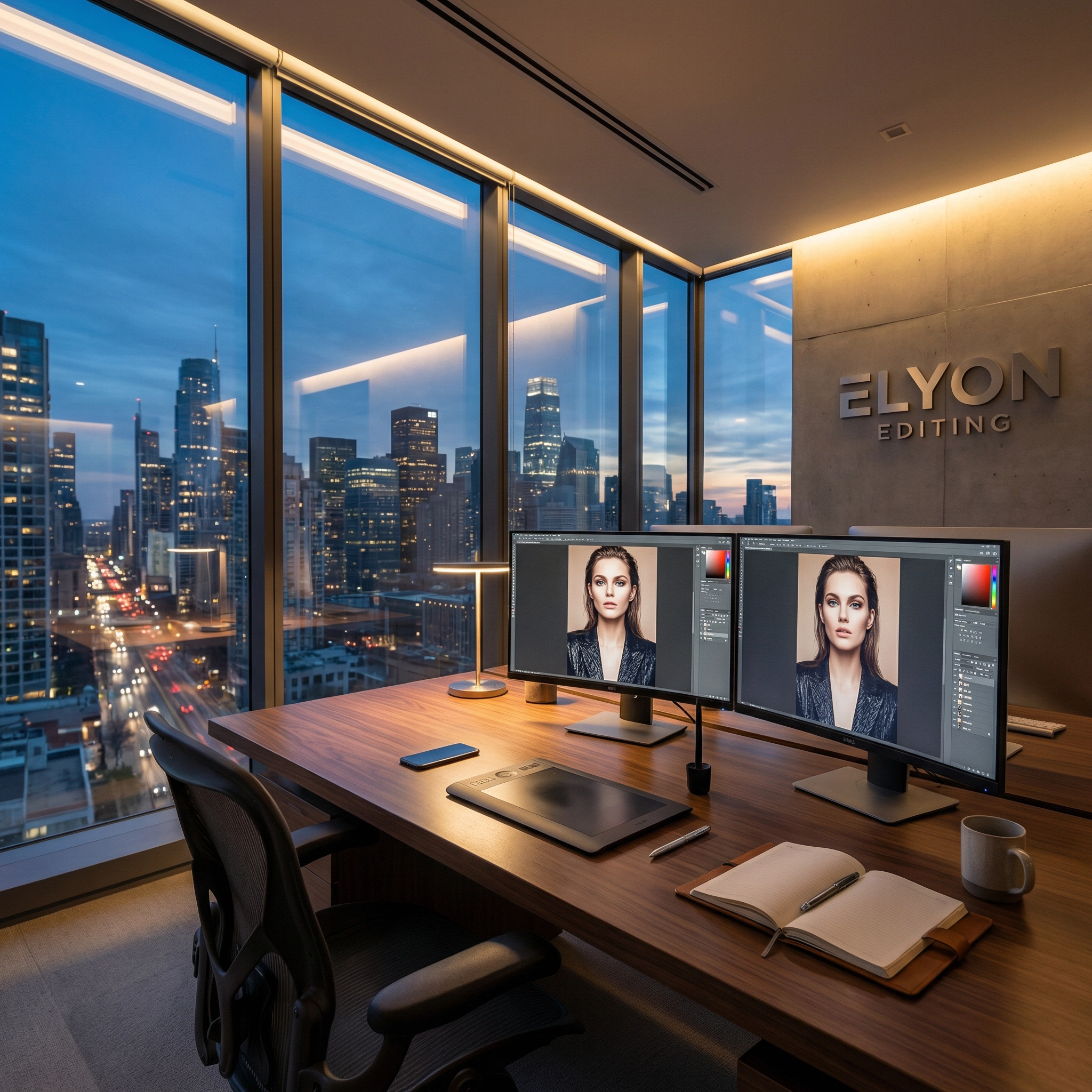 Group of smiling people in formal attire holding an award on stage under a sign that reads 'Retouching Company of the Year' with Elyon Editing logo.