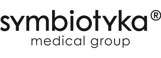 A black and white logo with the words asymbiotyka medical 