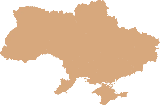 A brown map of the country of Ukraine.