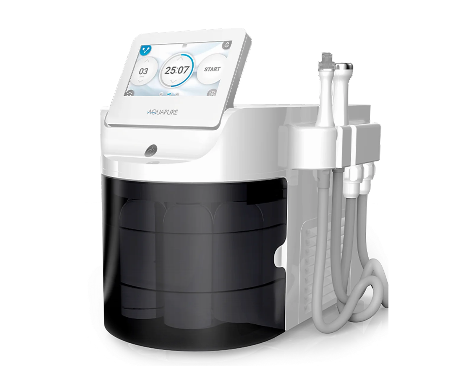 A white and black device is connected to a charger.