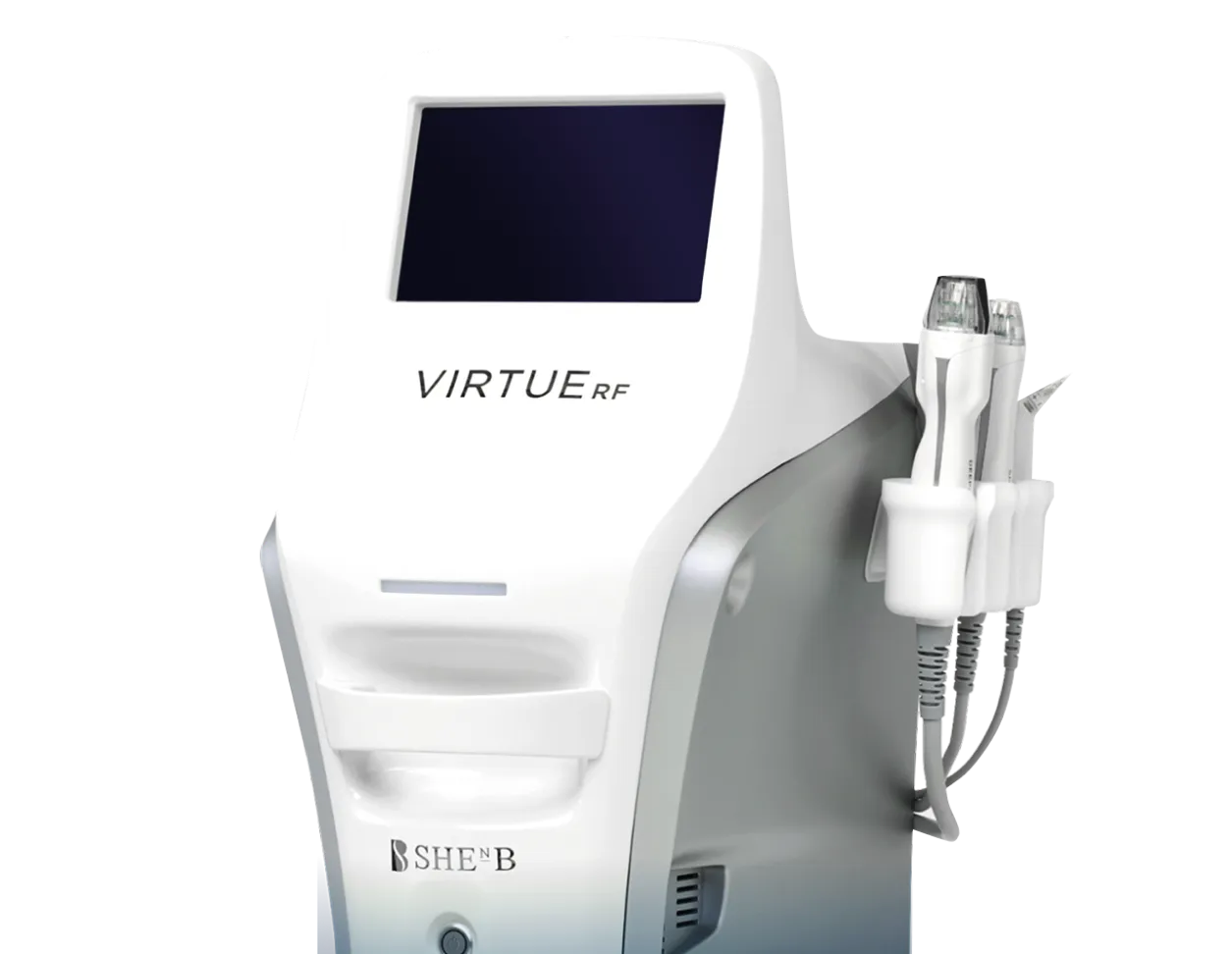 A white machine with a blue screen on it.