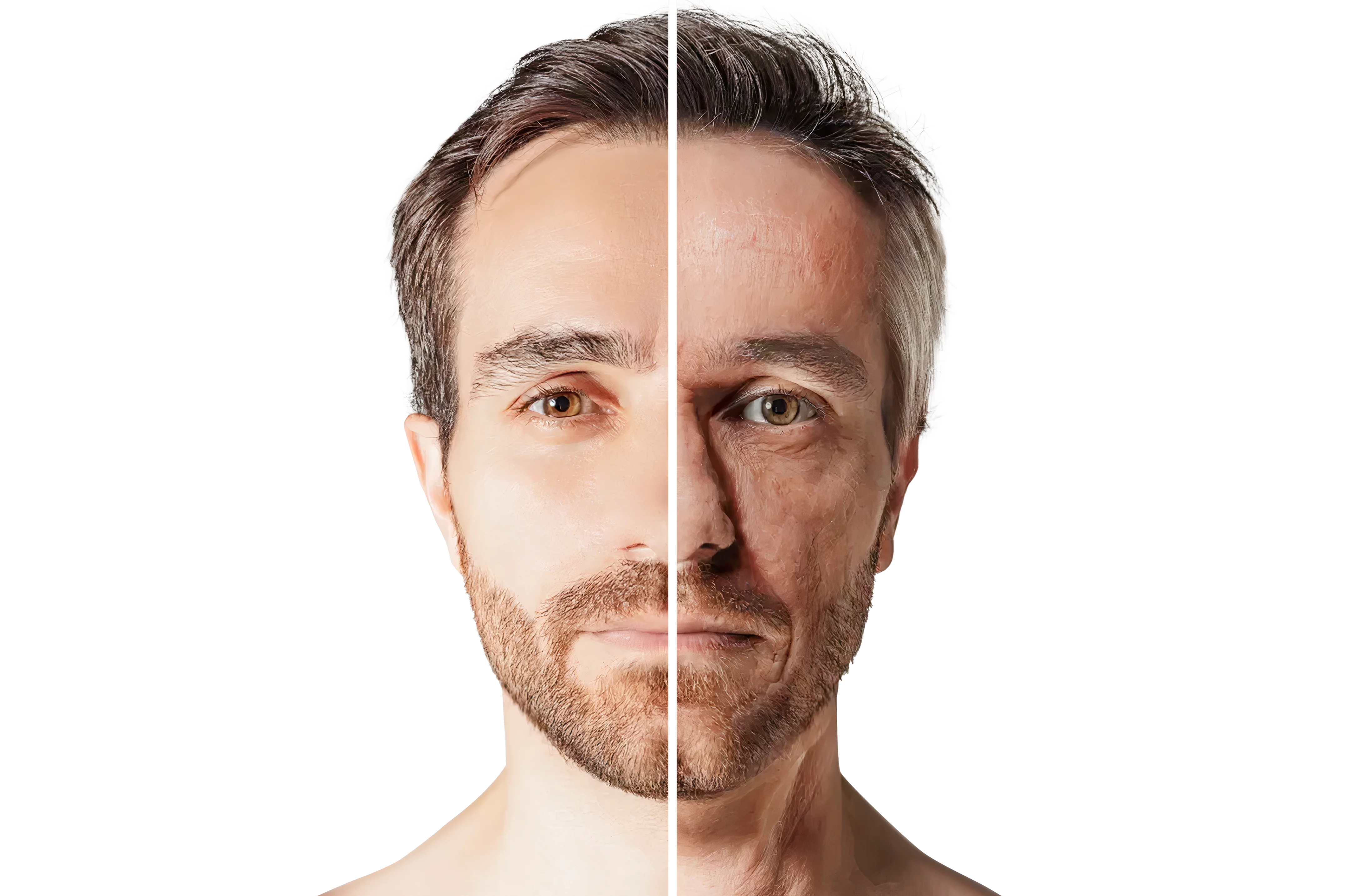 Split image of a man's face showing youthful skin on the left and aged, wrinkled skin on the right.