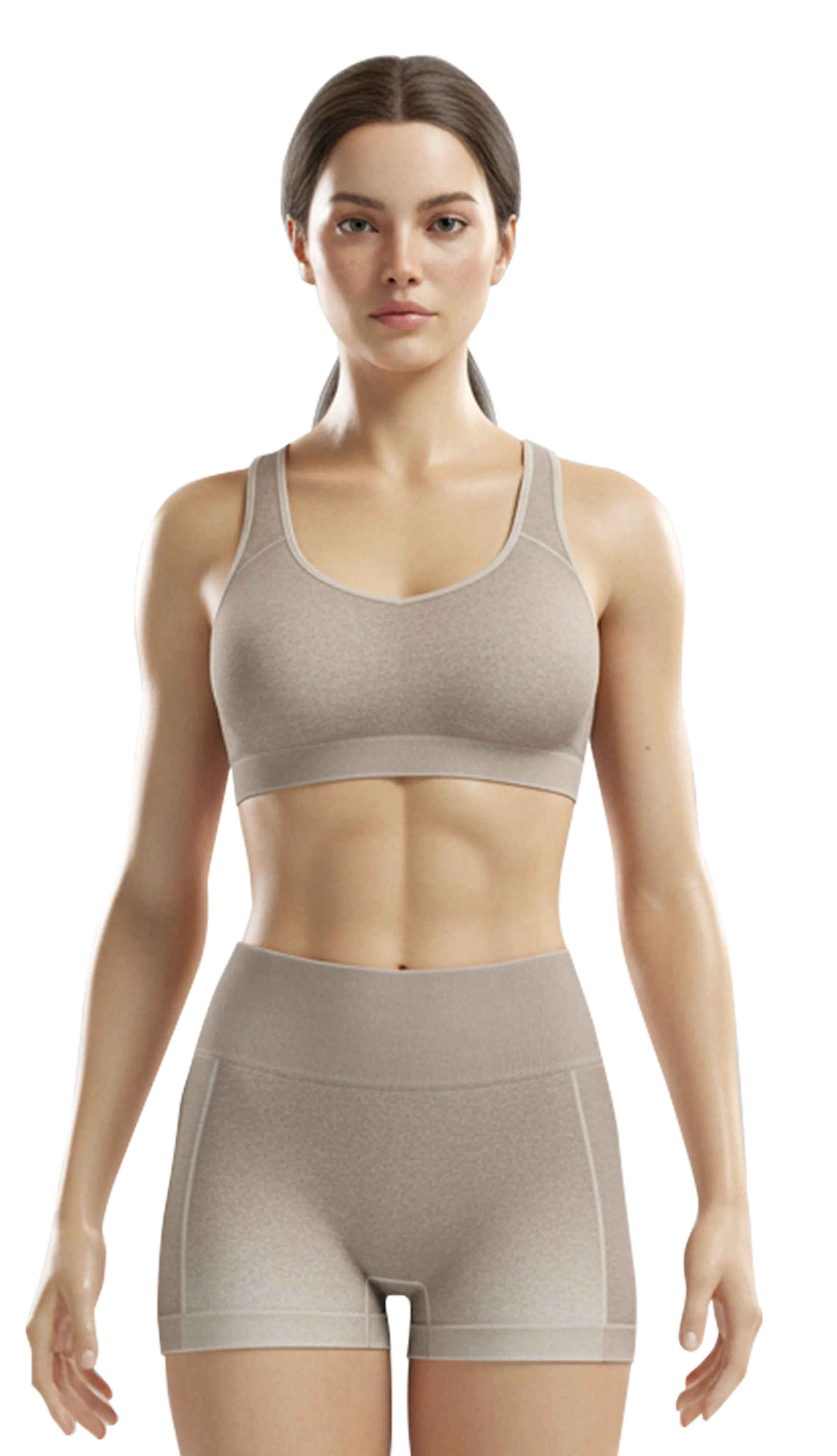 Fit woman with brown hair in a beige sports bra and matching high-waisted shorts standing with arms relaxed.