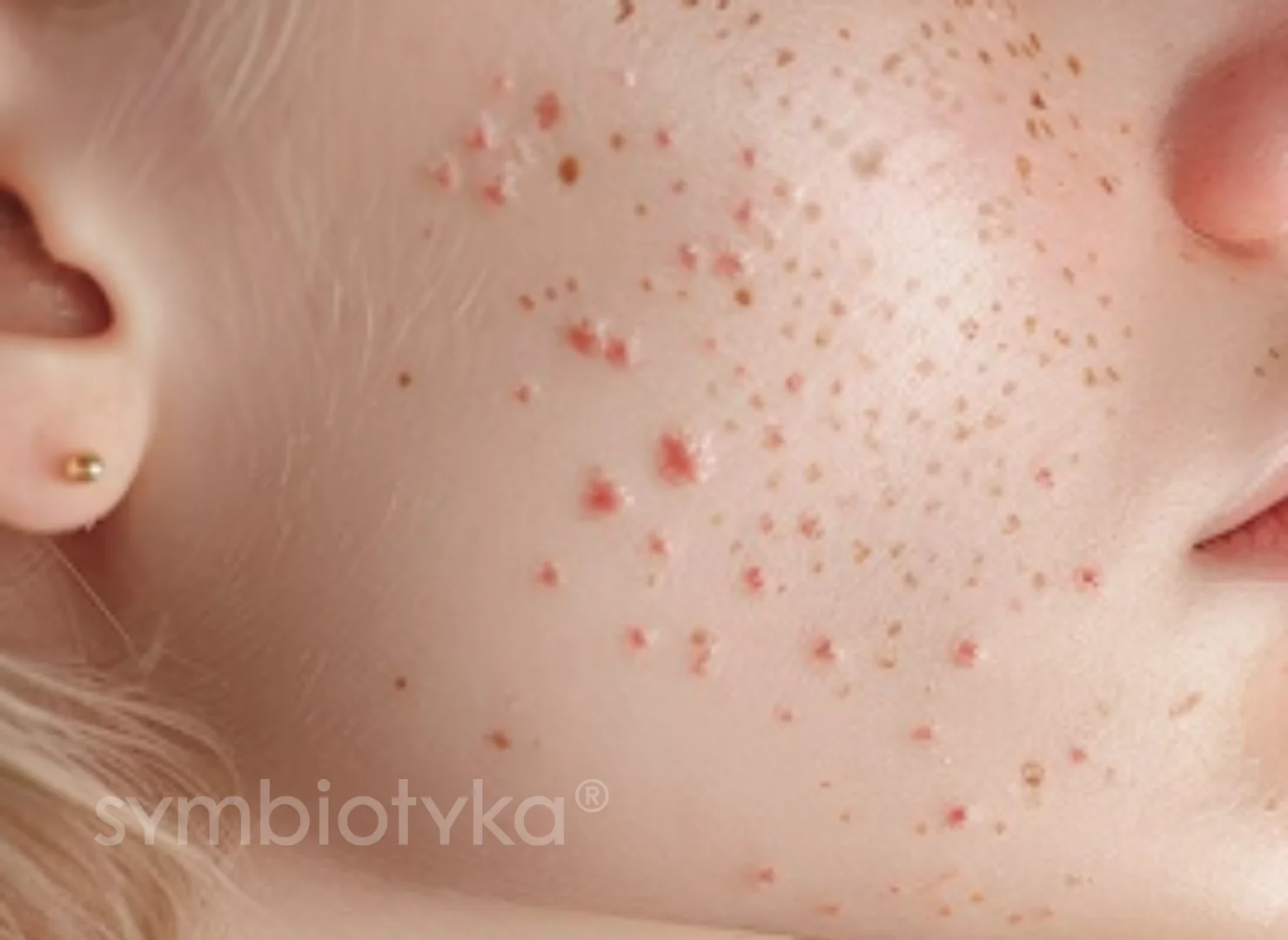 A close up of a person with acne on their face.