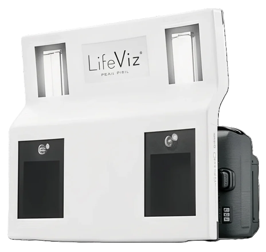 Portable white LifeViz device with two black screens and two vertical light panels.