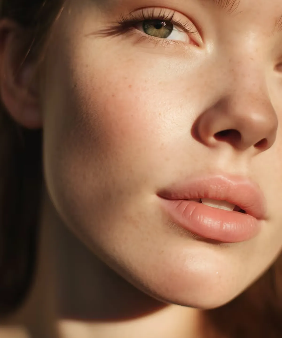 Close-up of a woman's face showing green eye, smooth skin with freckles, and full lips.