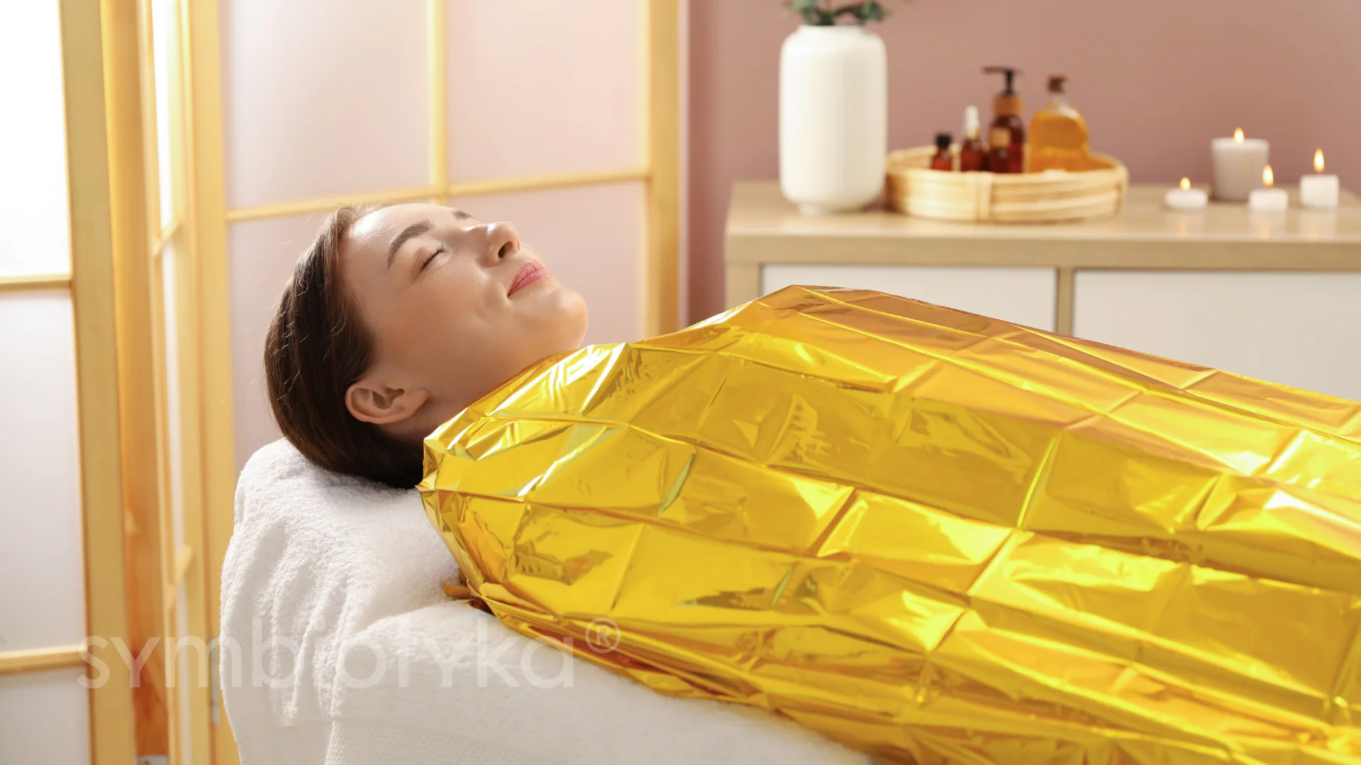 Woman relaxing on a spa bed wrapped in a gold thermal blanket with a calm expression