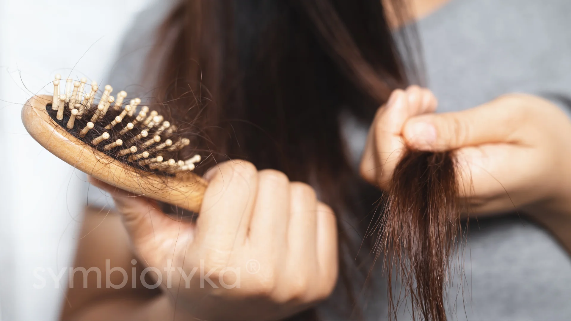 Person holding a wooden hairbrush with strands of hair and inspecting the ends of their long brown hair.