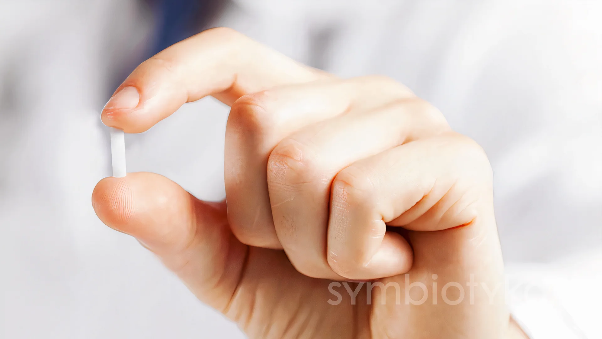 Hand holding a small white capsule pill between thumb and index finger against a light background.