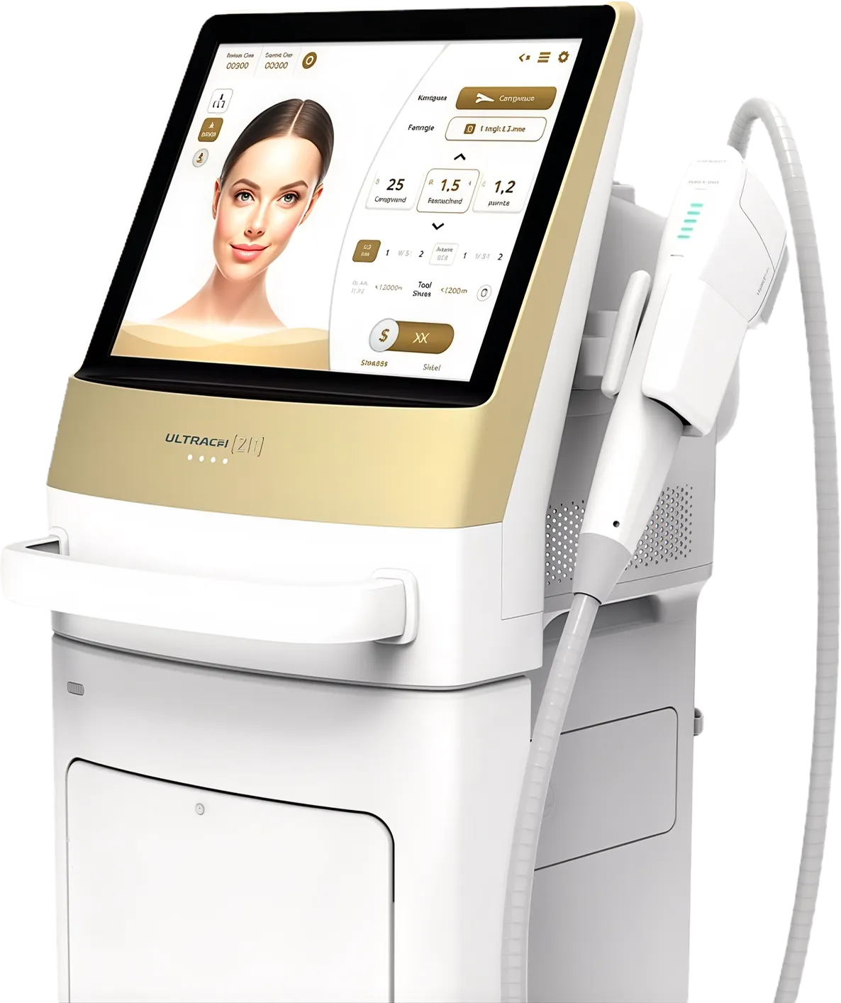 Ultrasonic skin treatment machine with touchscreen display showing a woman's face and treatment settings.