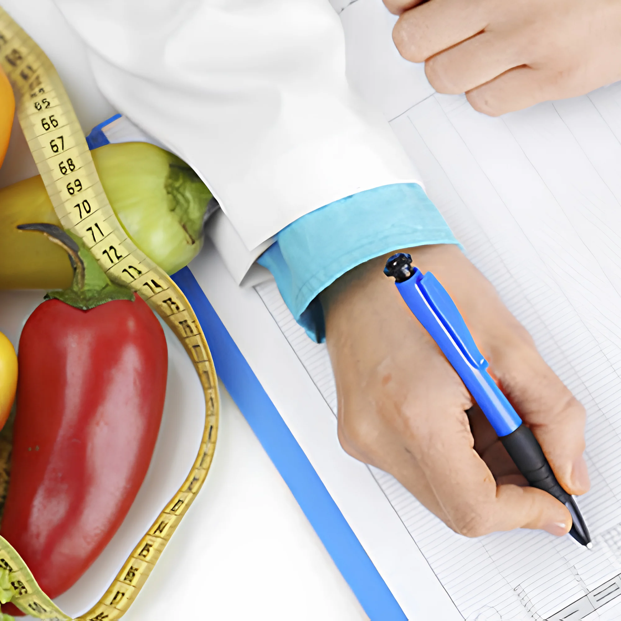 A doctor's hand is writing something on the right; vegetables and a measuring tape lie on the left