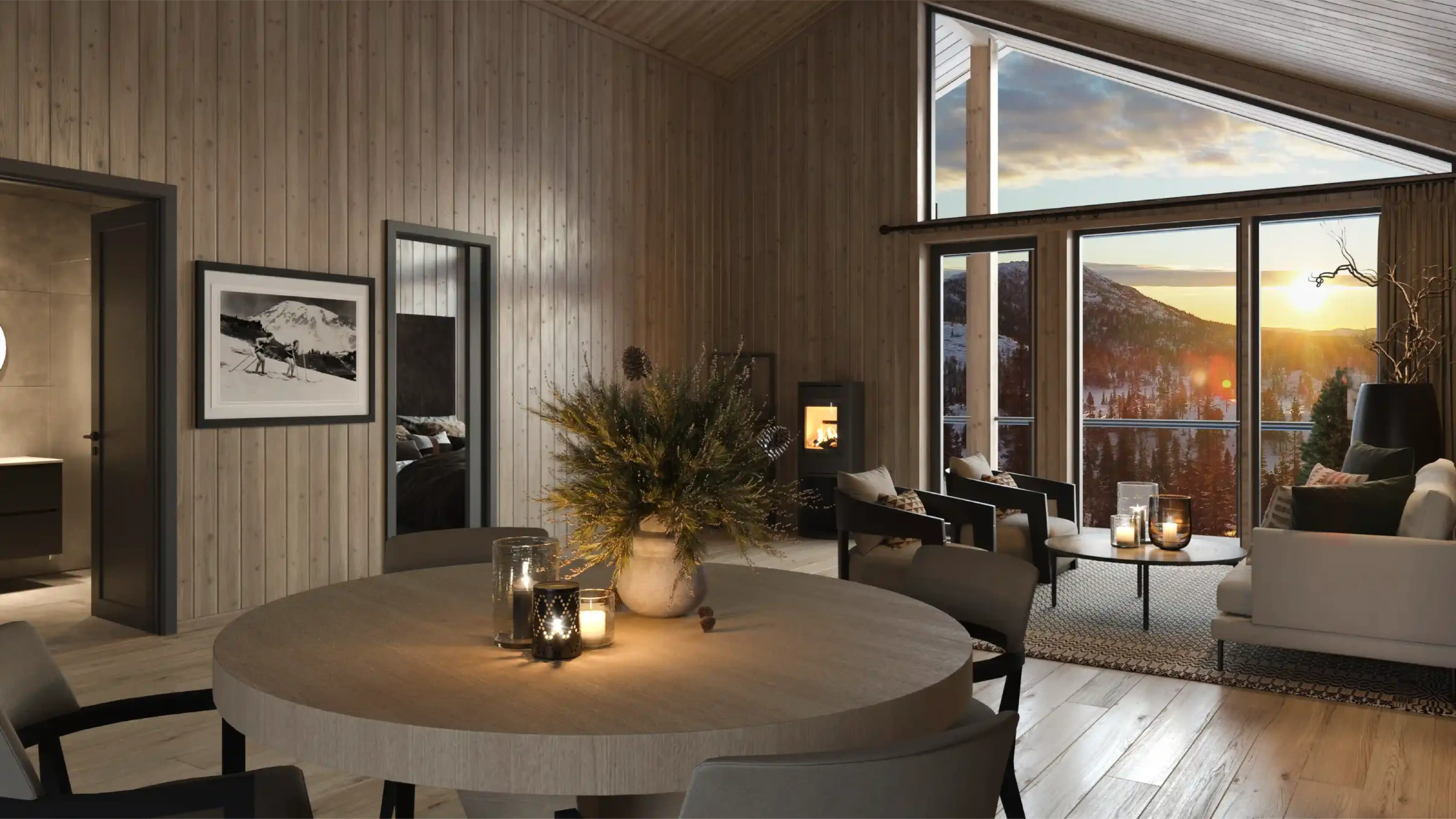 Stue med panorama­utsikt over fjell og natur