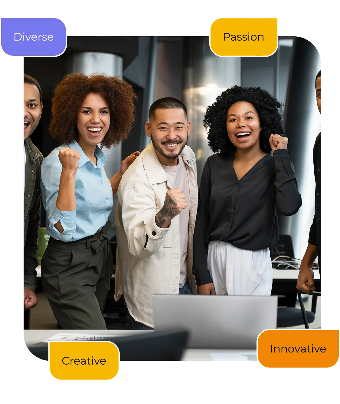 An image showing five people celebrating victory representing who we are.