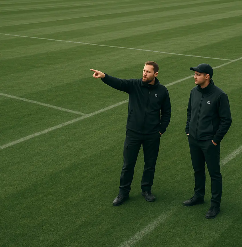 Twee mannen in zwarte sportkleding staan op een strak gemaaid voetbalveld, terwijl de ene man wijst.