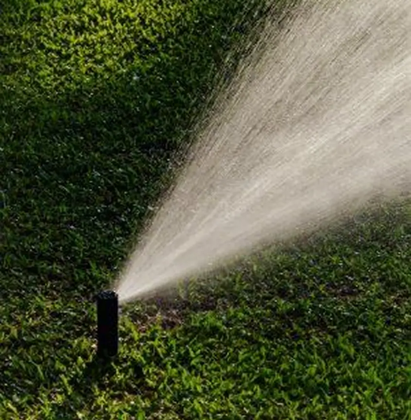 Een besproeier besproeit een groen gazon met water.