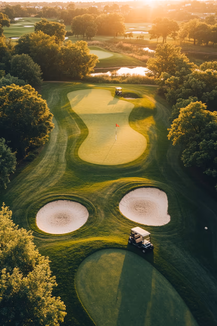 Luchtfoto van een golfbaan bij zonsondergang met twee zandhindernissen, een vlag op de green en een golfkarretje op het gras.
