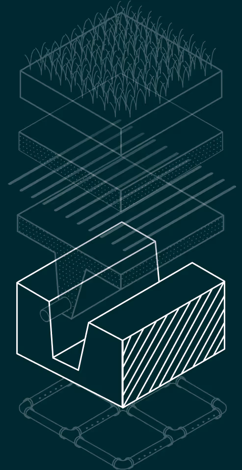 Schematische weergave van de fundering van een gebouw met ondergrondlagen en pijpleidingstructuur.