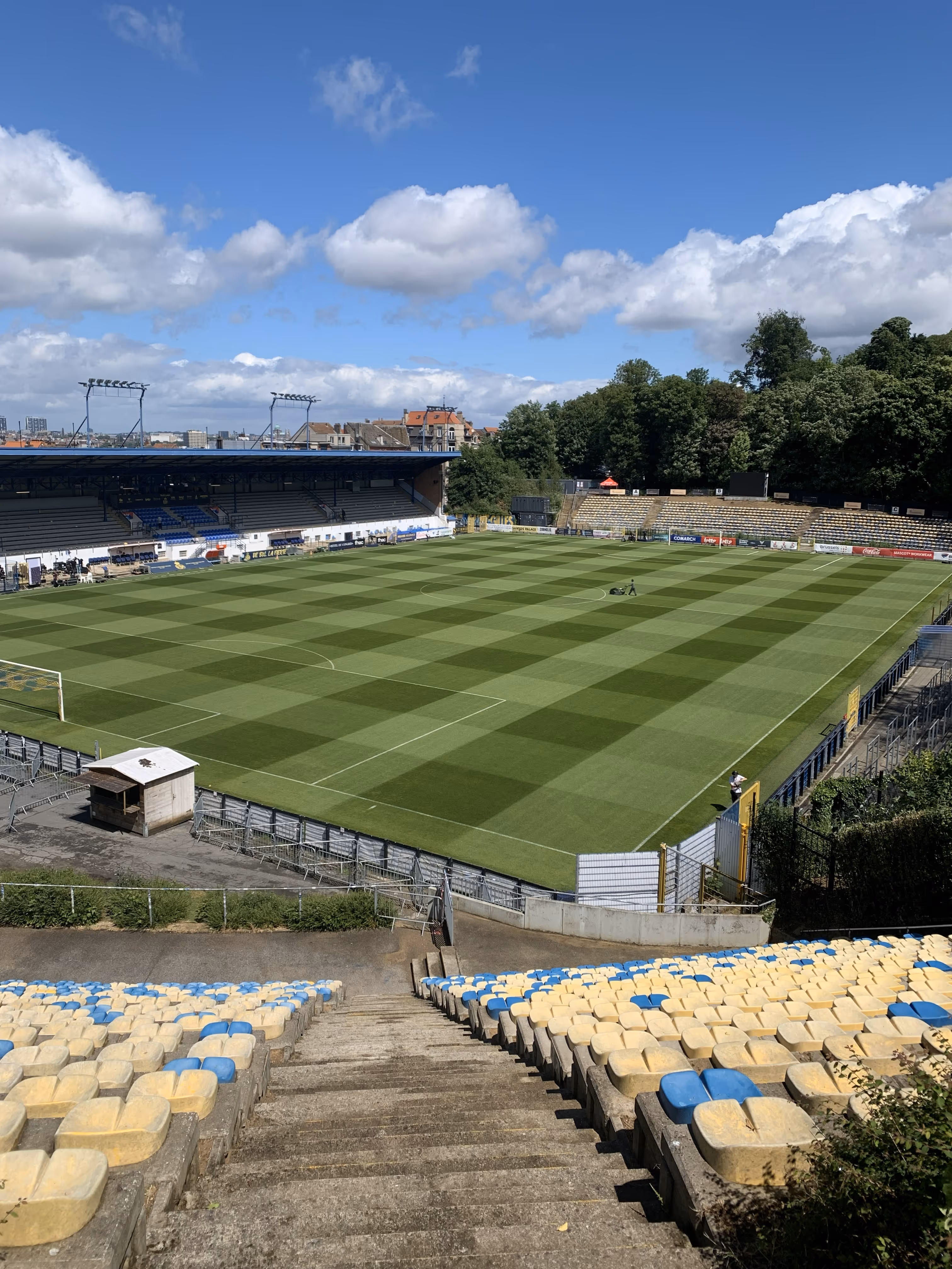Voetbalstadion met groen veld in ruitenpatroon, lege gele en blauwe zitplaatsen, en onderhoudspersoneel op het veld.