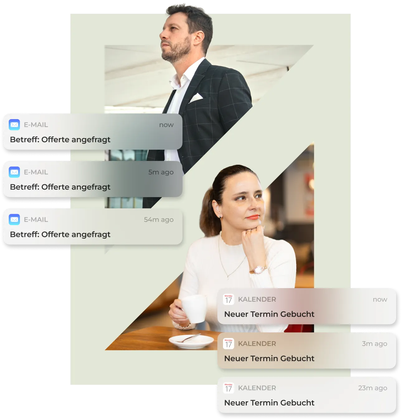 Mockup von einem Mann der Ständig Offerten Anfragen per Mail bekommt und einer Frau, die dauernd Online-Termine gebucht bekommt.