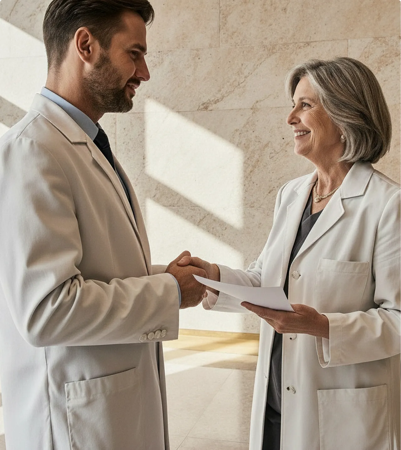 Two doctors shaking hands while holding documents.