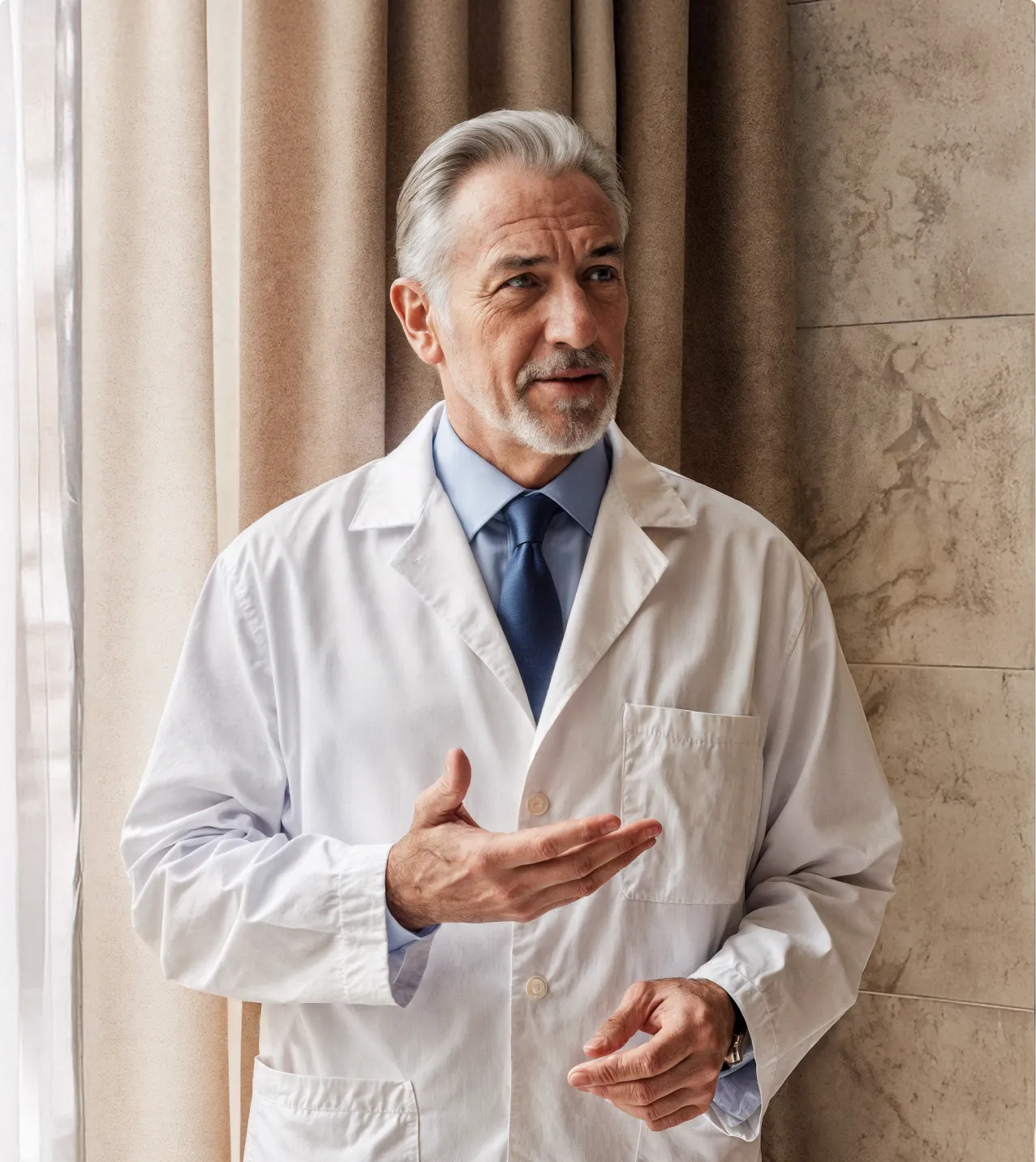 Doctor in a white coat speaking near a window.