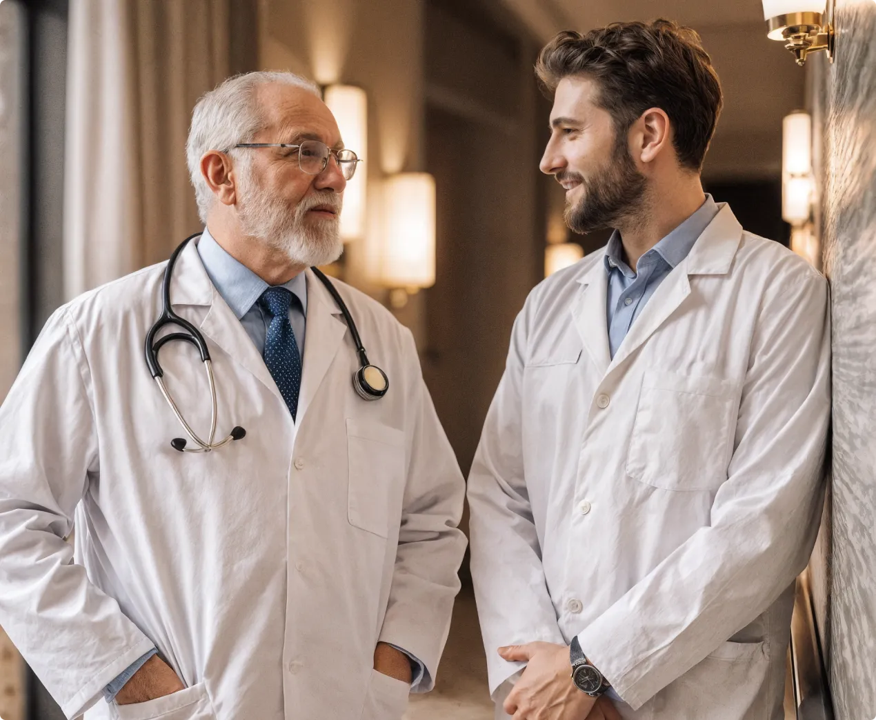Two doctors in white coats talking in a hallway.