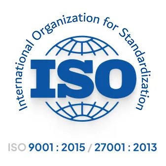 ISO logo with globe and text International Organization for Standardization and standards 9001:2015 and 27001:2013