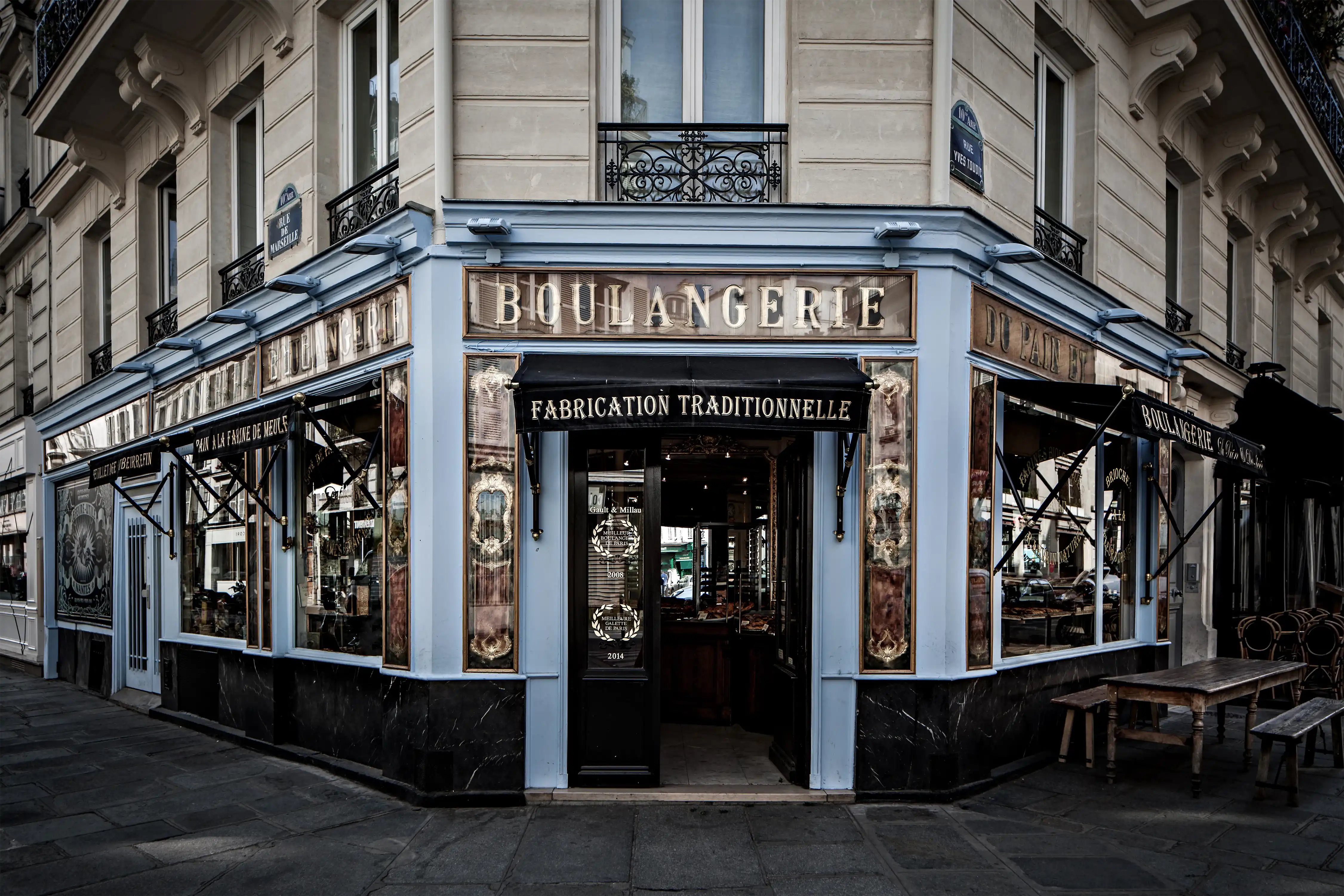 Facade of the bakery Du Pain et des Idées, at the corner of rue Yves Toudic and rue de Marseille in Paris.