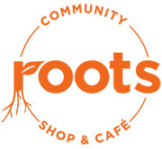 Roots Community Shop & Cafe logo in orange colour