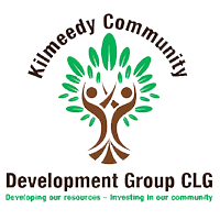 Logo of Kilmeedy Community Development Group CLG featuring two stylized figures with raised arms forming a tree with green leaves, accompanied by the slogan 'Developing our resources – Investing in our community'.