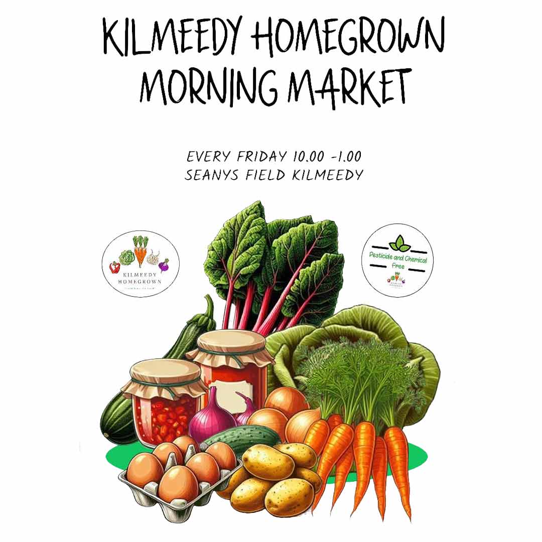 A poster illustrates fresh vegetables available at Kilmeedy Homegrown Morning Market