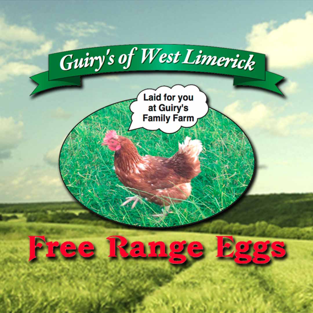 Guiry's Eggs of West limerick logo on Guiry's Farm background