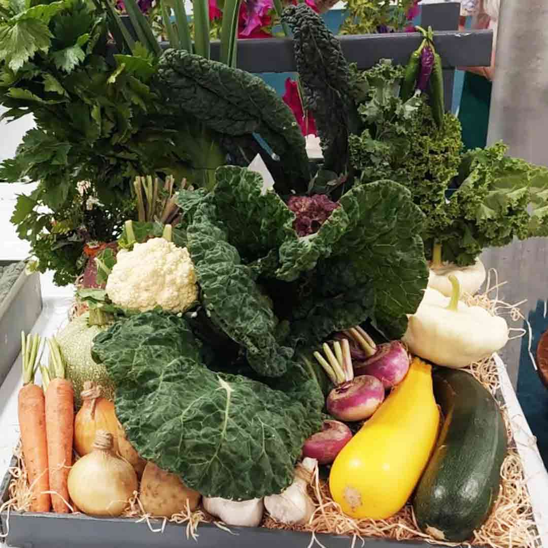 A selection of vegetables from Roots farm shop on display including: kale, courgette, carrots, and onions