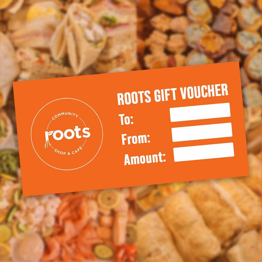 An example of a Roots Gift Voucher on a background of finger food images slightly blurred