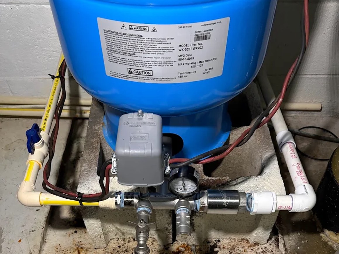 Well pressure tank, pressure switch, gauge, and piping