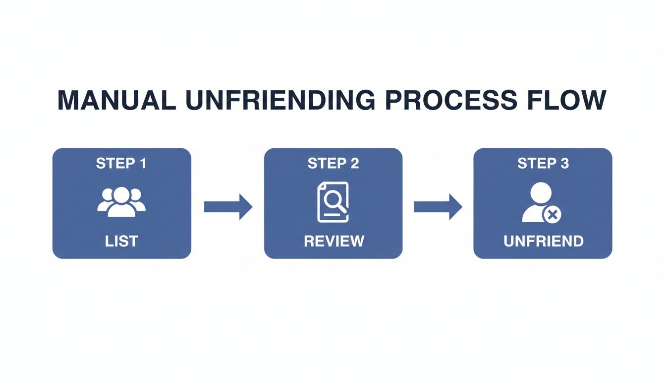 A manual unfriending process flow diagram showing steps: List, Review, and Unfriend.