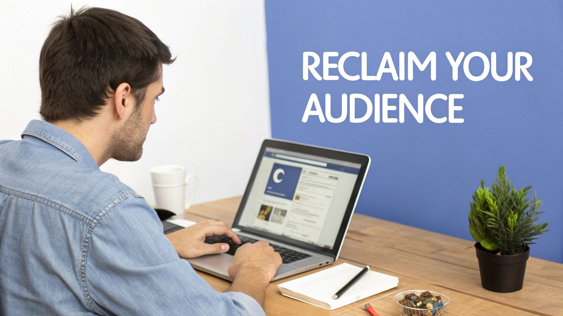 Man working on a laptop displaying a social media feed, with 'RECLAIM YOUR AUDIENCE' text on the wall.