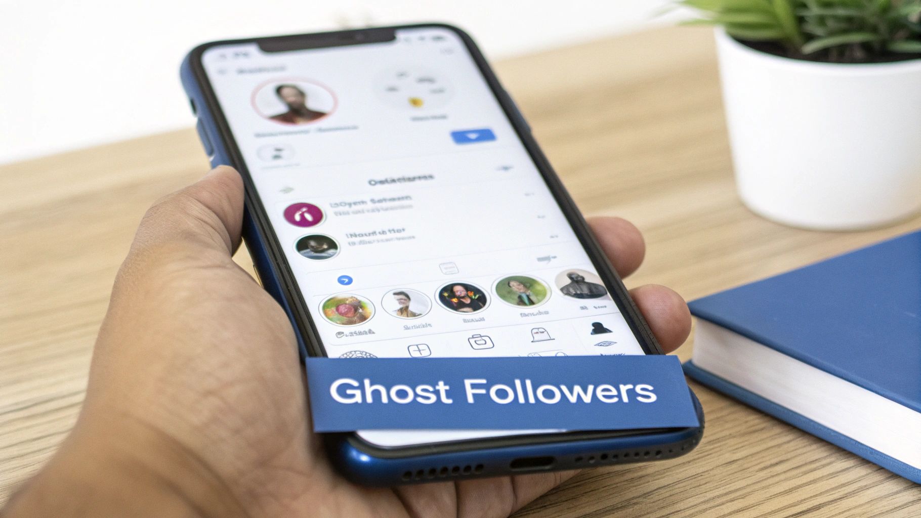 A hand holds a smartphone showing a social media app and a 'Ghost Followers' tab.