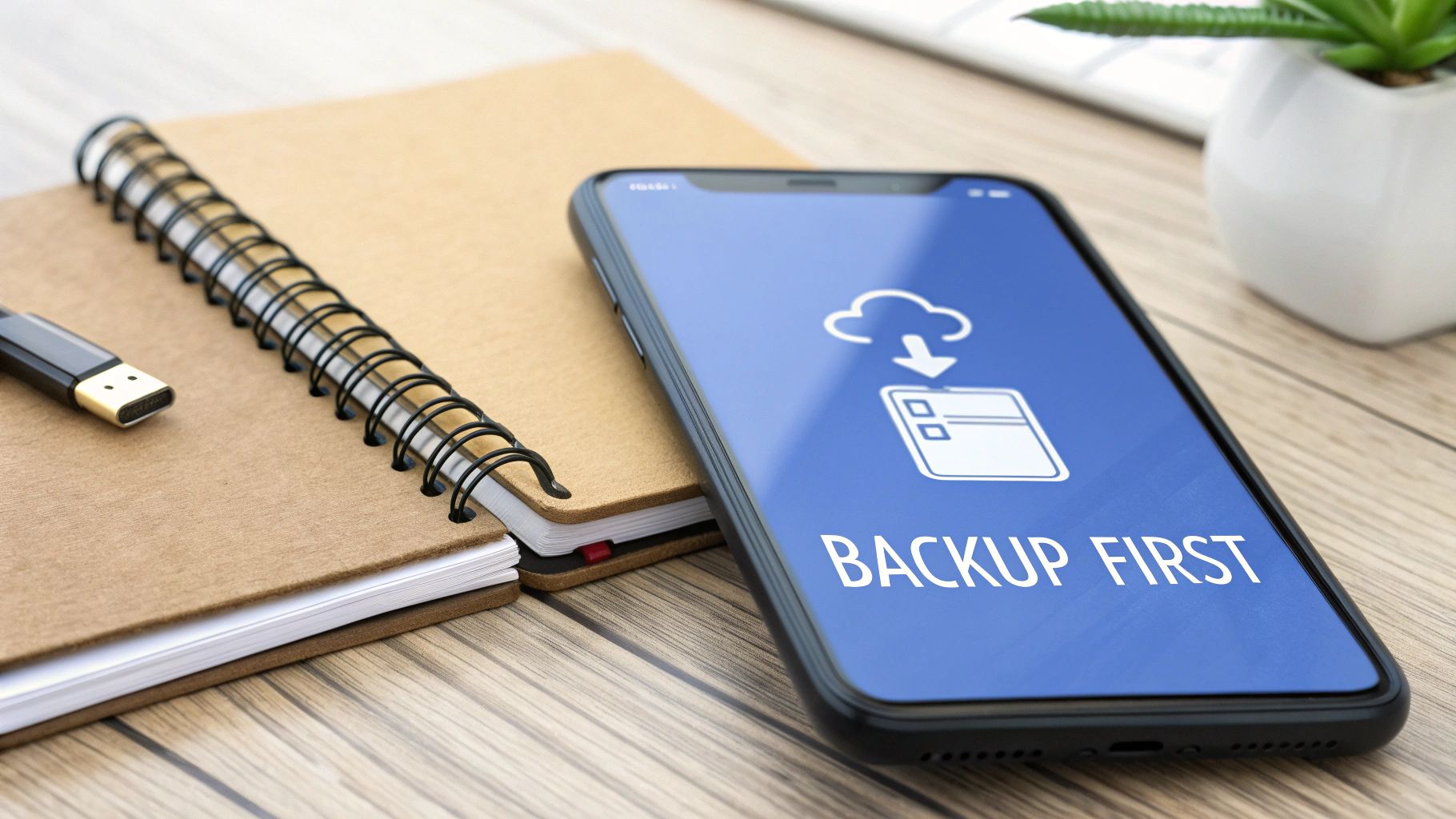 A smartphone displaying 'Backup First' with cloud and file icons, next to a notebook and USB drive.
