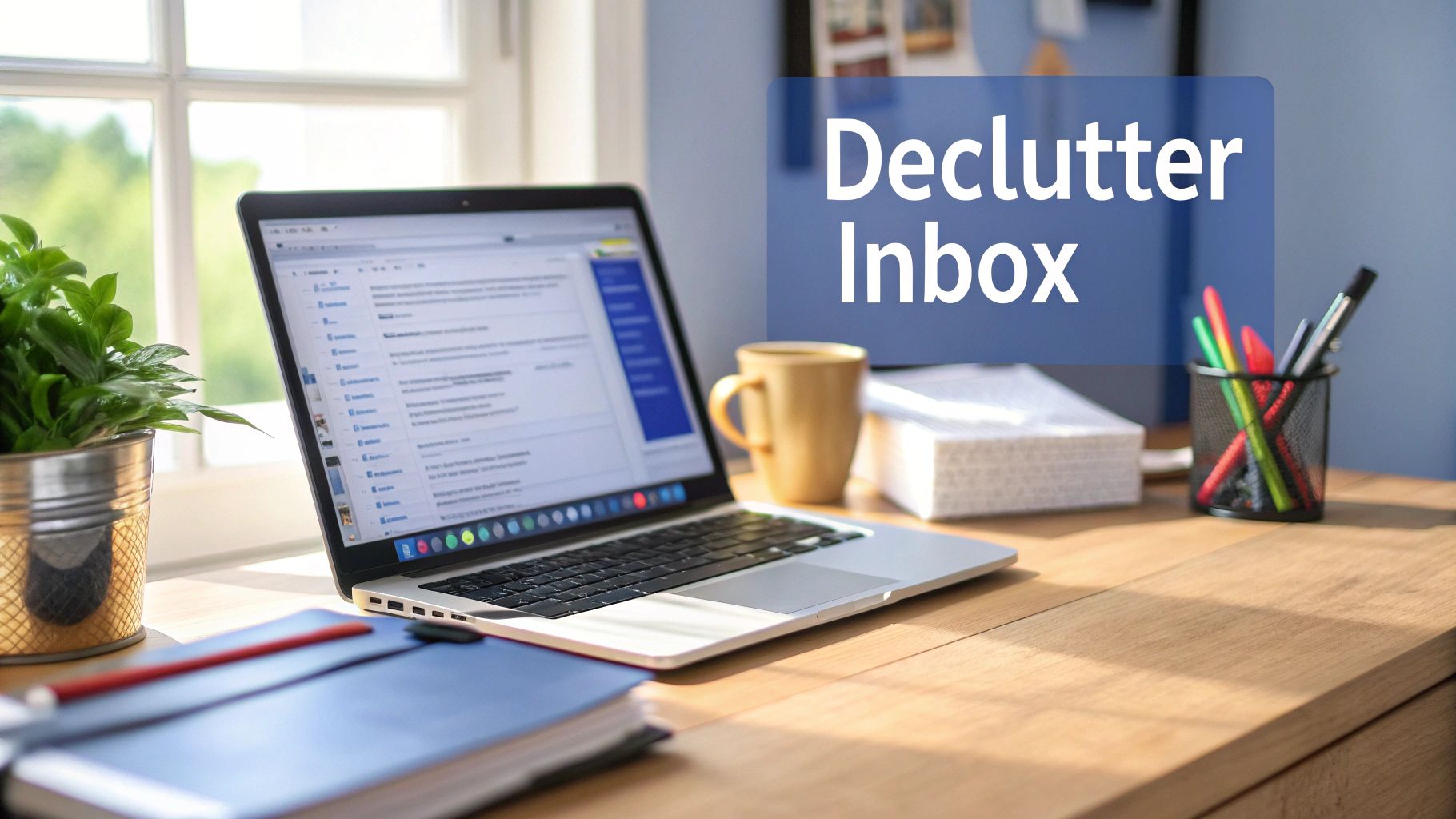 A tidy home office desk with a laptop, plant, coffee mug, and a 'Declutter Inbox' sign.