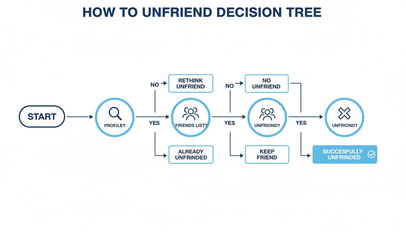 A decision tree flowchart illustrating the process and steps for unfriending someone on social media.