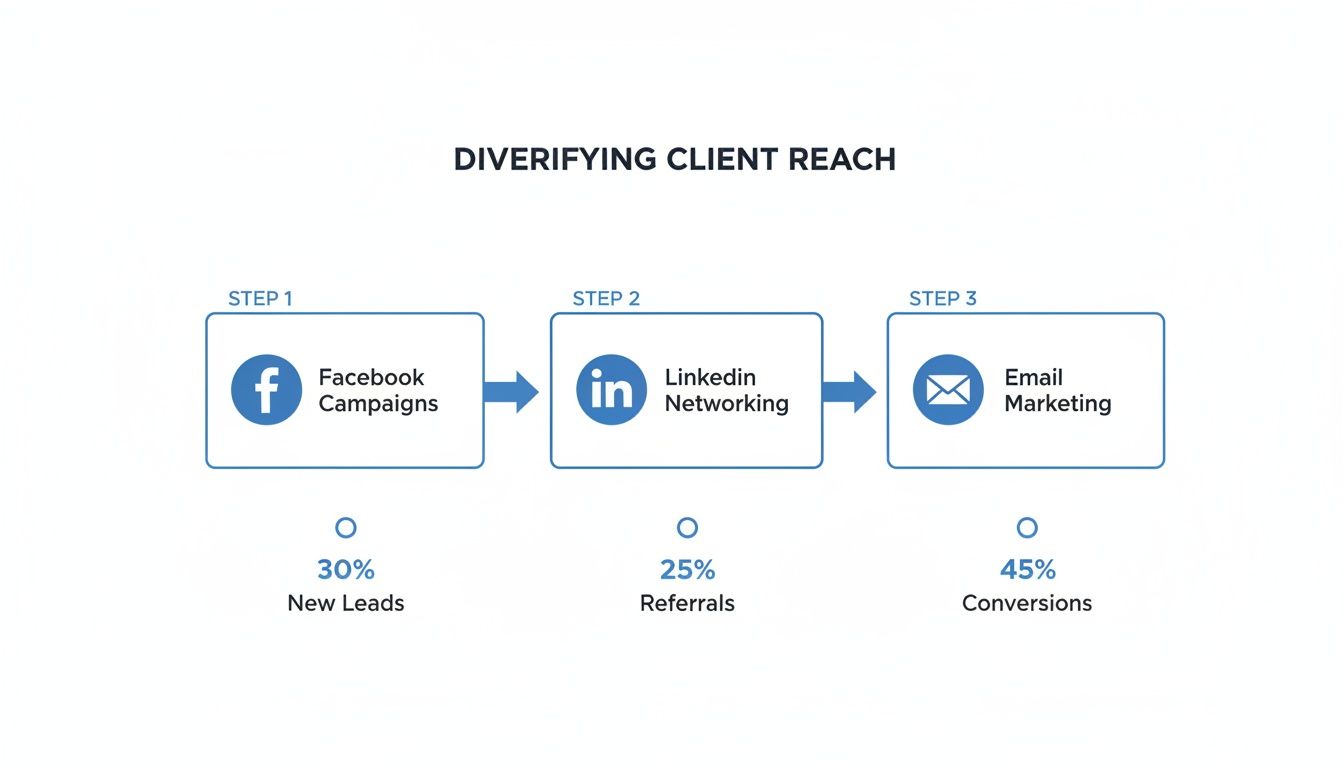 Infographic illustrating a three-step marketing strategy for diversifying client reach and lead generation.