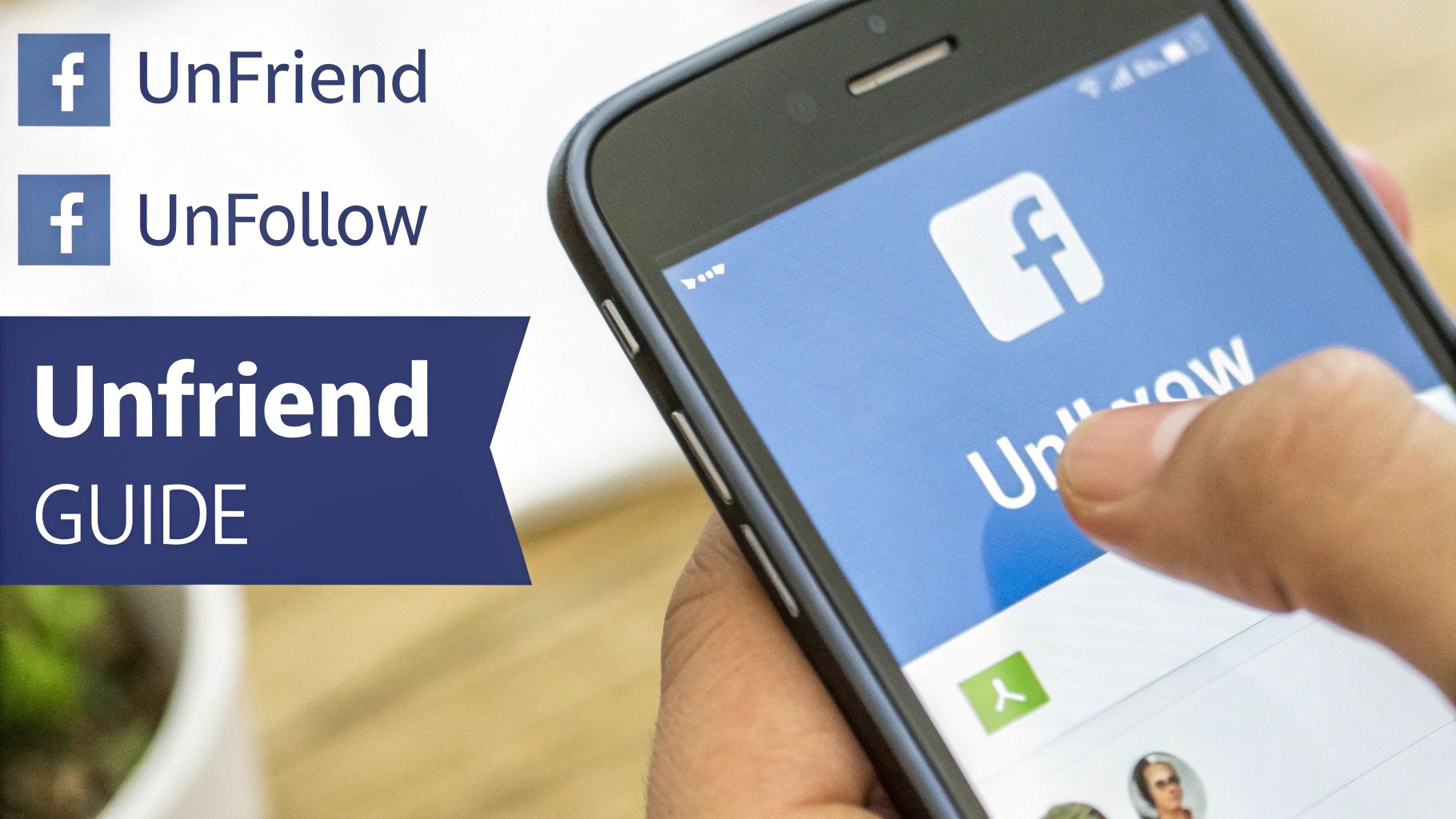 A hand holds a smartphone displaying the Facebook 'UnFollow' option, alongside an 'Unfriend Guide' banner.