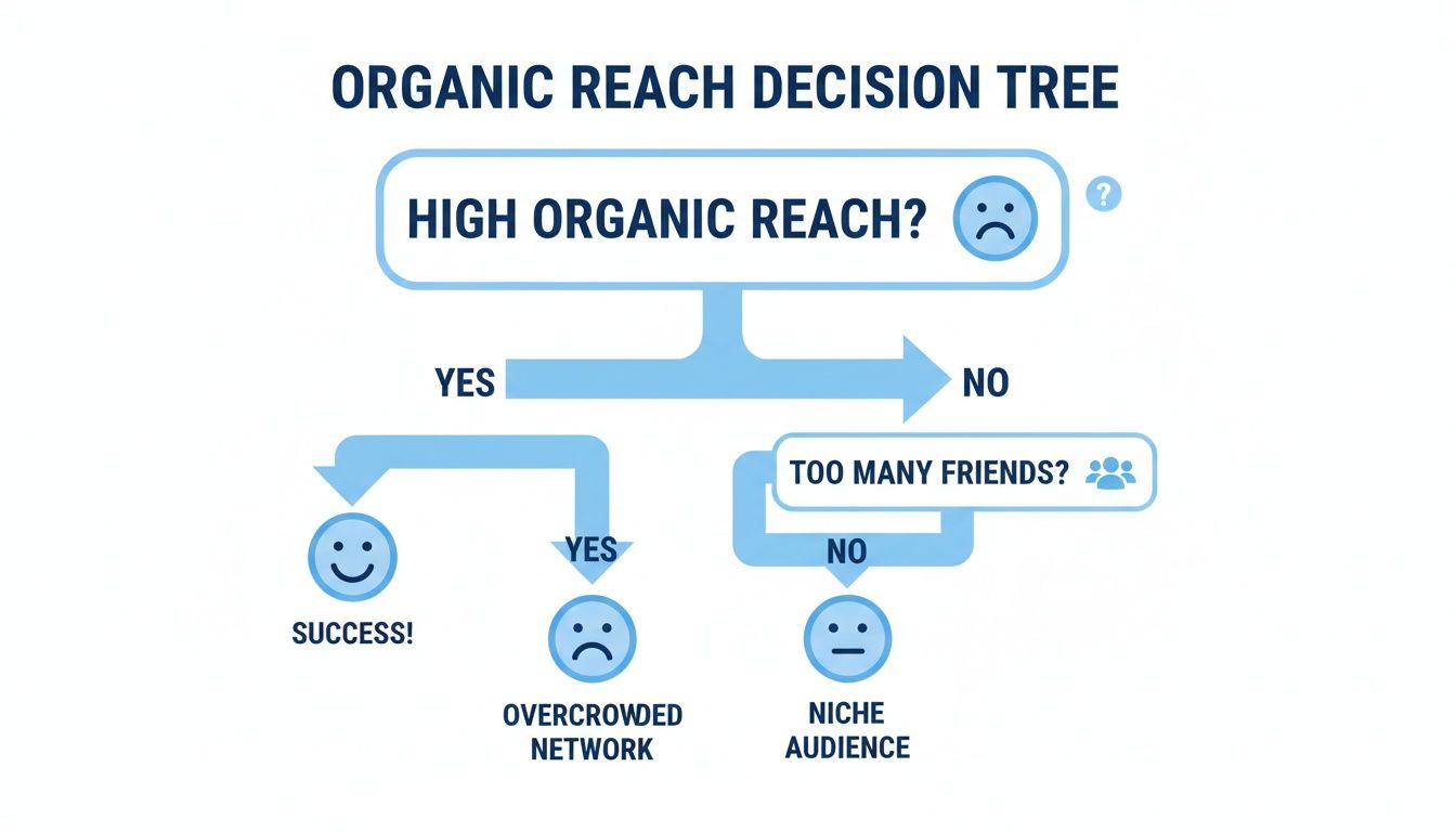 A decision tree for organic reach analysis. High organic reach leads to success, or prompts questions about audience size and network status.