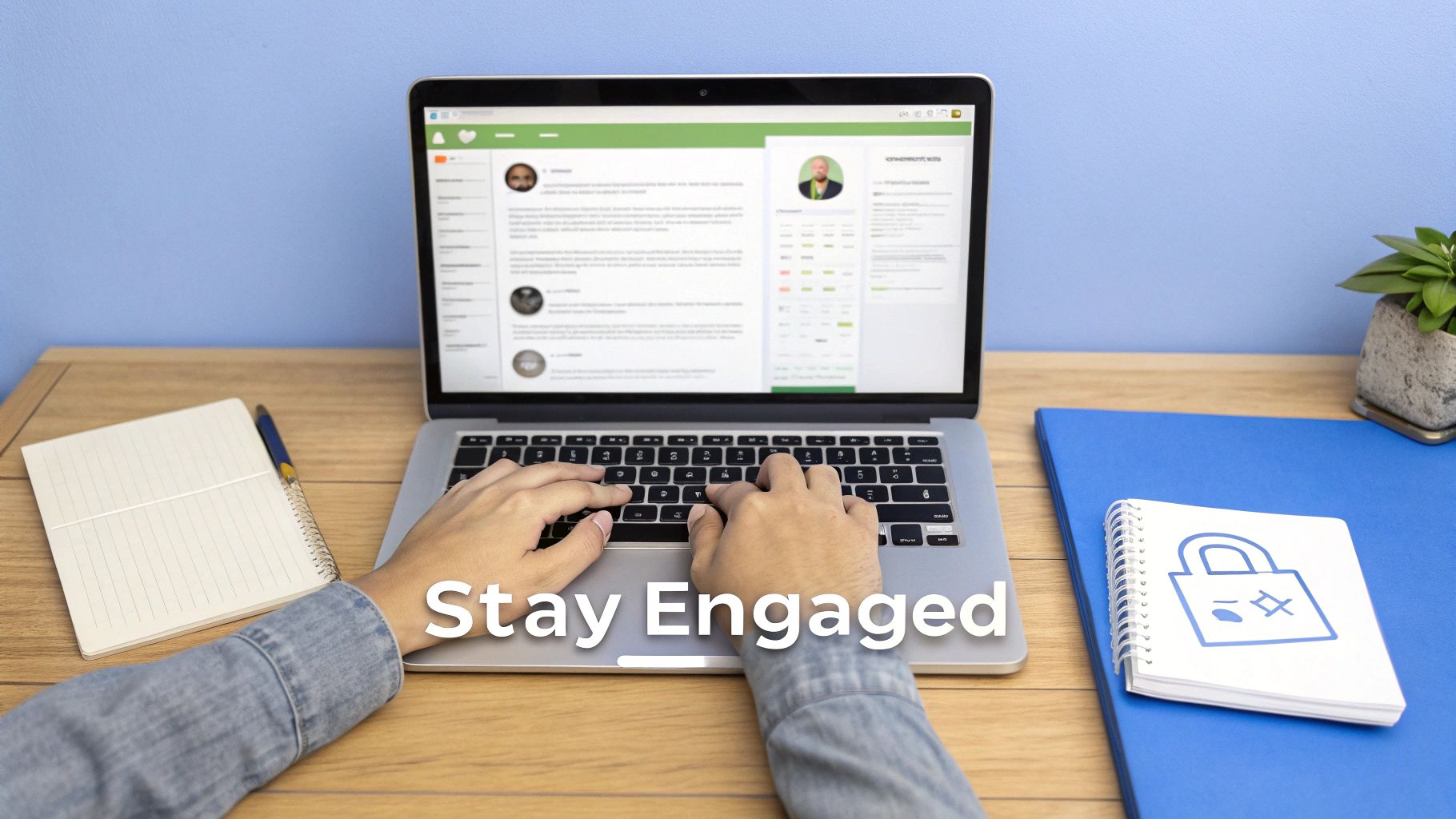 A person types on a laptop displaying a social media feed, with notebooks and a plant on a wooden desk.