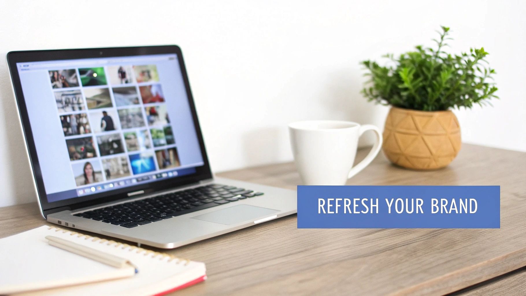A laptop on a wooden desk displaying a photo gallery, with a white mug and plant. Text reads 'REFRESH YOUR BRAND'.