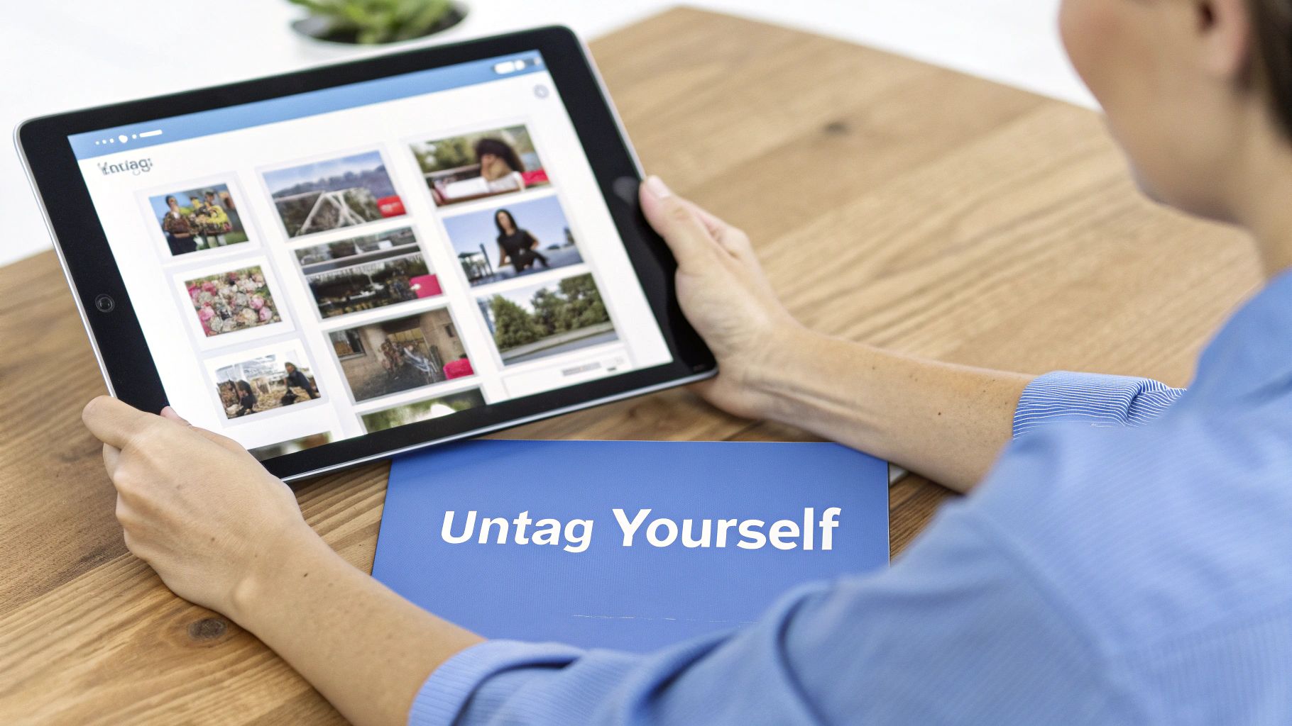 A person holds a tablet displaying a photo gallery, next to a blue 'Untag Yourself' book.