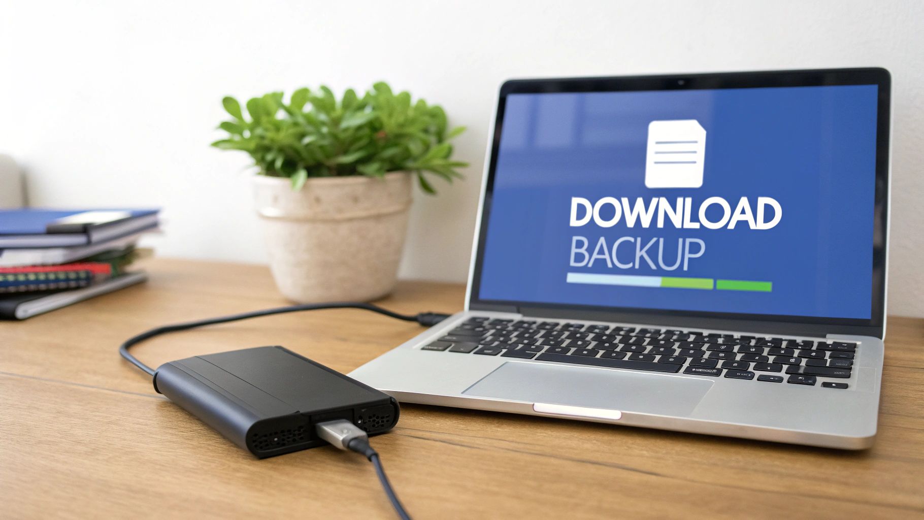 A laptop connected to an external hard drive displays 'DOWNLOAD BACKUP' on its screen.