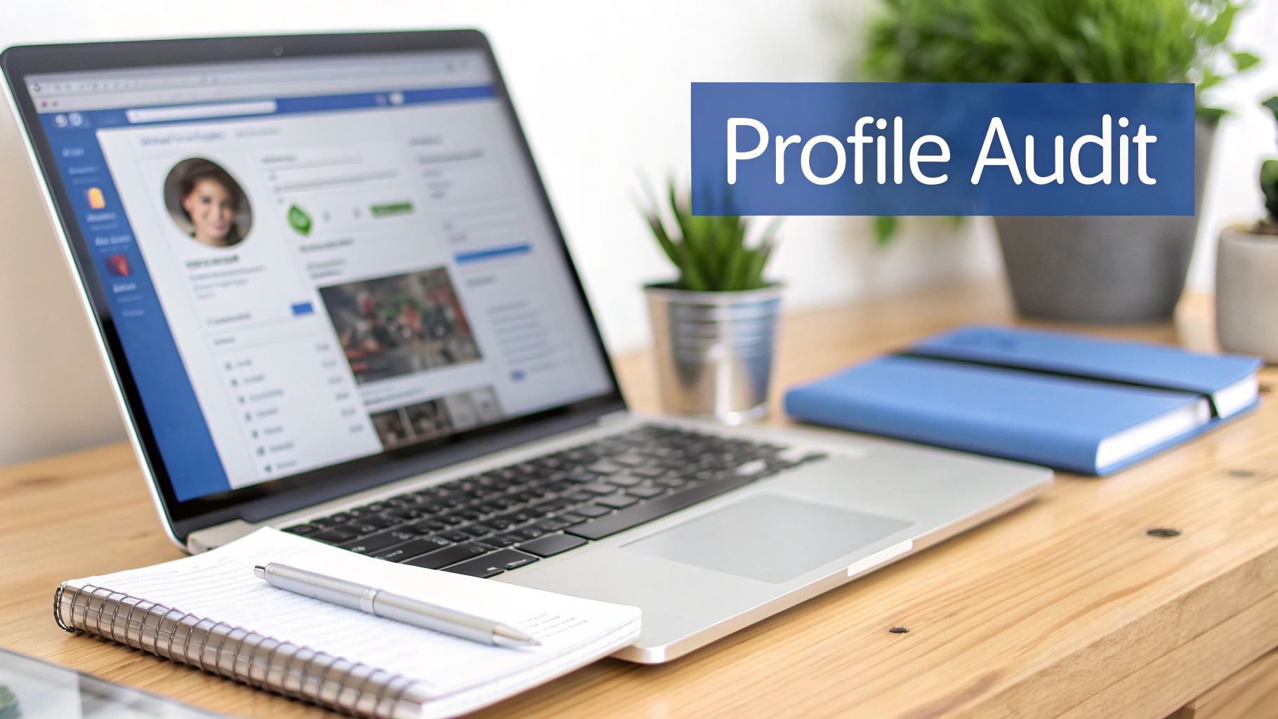 Laptop displaying a Facebook profile, a notebook, and a blue planner on a desk with a 'Profile Audit' banner.